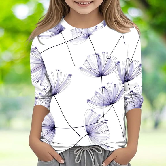 Frwgonr Kids 3/4 Sleeve Tops Girls Purple Kids Crewneck Tops Casual Fashion Tees Size 3T-12