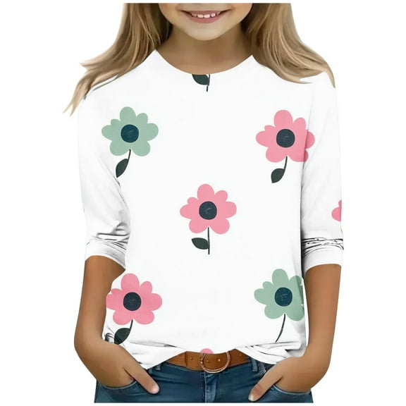 Frwgonr Kids 3/4 Sleeve Tops Multicolor Fashion Fall Crew Neck Cute Tops Printed 3/4 Sleeve Outfits Size 3T-13