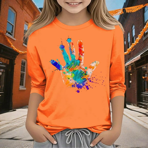 Frwgonr Kids 3/4 Sleeve Tops Orange Kids Summer Fall Crewneck Loose Casual Tops Tees Size 3T-12