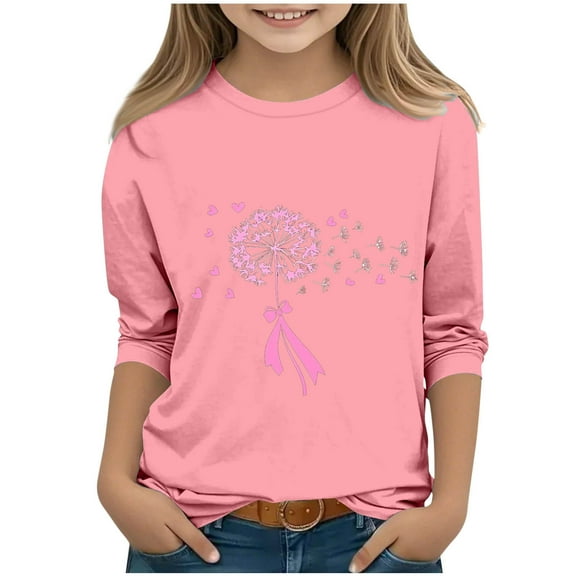 Frnrwgo Kids 3/4 Sleeve Tshirts Pink Fashion Fall Crew Neck Cute Tops Graphic 3/4 Sleeve Awareness Shirt Size 3T-13