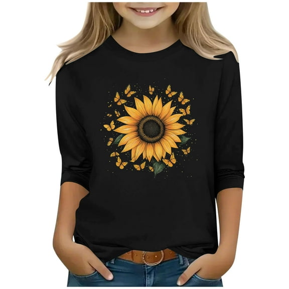 Frwgonr Kids T-Shirts Multicolor Fashion Fall Crew Neck Cute Tops Graphic 3/4 Sleeve Outfits Size 3T-13