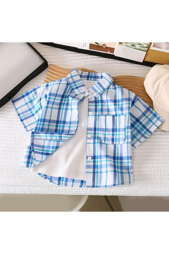 Little Boys T-shirts Casual Button Down Shirts Stretch Dress Shirs Short Sleeve Plaid Summer Shirts for Boy 1-11 Years, Light Blue