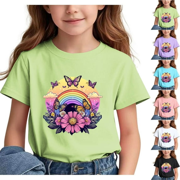 Frwgonr Little Girl Tops Short Sleeve Girls Casual Shirts Graphic Tops Back of School Clothes Black, Size 3-15 Years