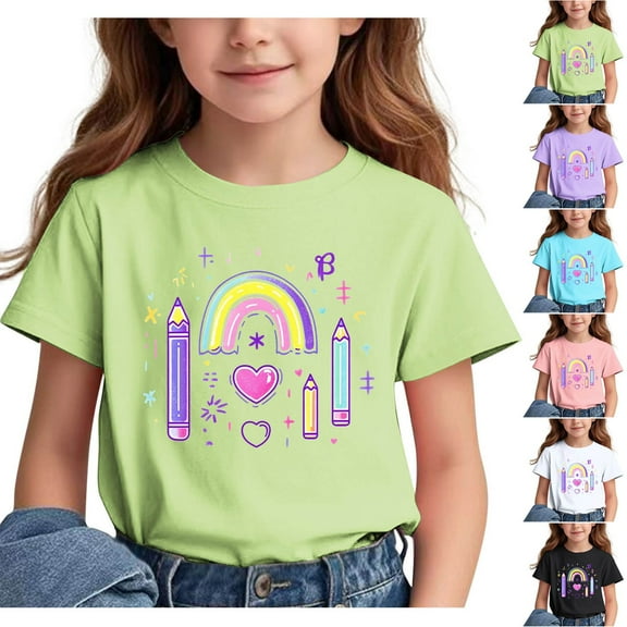 Frwgonr Little Girl Tops Short Sleeve Girls Casual Shirts Graphic Tops Back of School Clothes Black, Size 3-15 Years