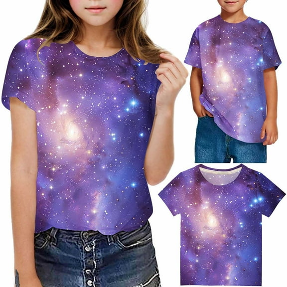 Frwgonr Little Girl Tops Soft Space Tees Kids Boys Casual Tshirts Clothes Summer Tops Purple, Size 3-14 Years