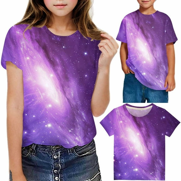 Frwgonr Little Girl Tops Soft Space Tees Kids Boys Casual Tshirts Clothes Summer Tops Purple, Size 3-14 Years