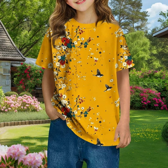 Frwgonr Little Girls T-shirts Summer Short Sleeve T Shirts Kids Flower Tees Crewneck Tops Size 3T-14, Yellow