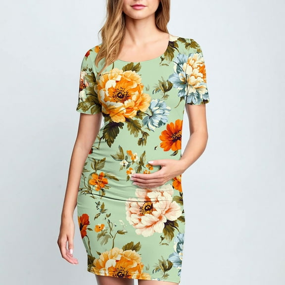 Frwgonr Maternity Dress Multicolor Crew Neck Bodycon Dress Short Sleeve Baby Shower Dress Casual Lounge Pregnancy Dress S-XL