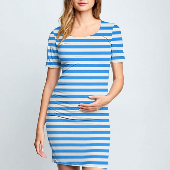Frwgonr Maternity Dress PhotoBlue Short Sleeve Bodycon Summer Dress S-XL