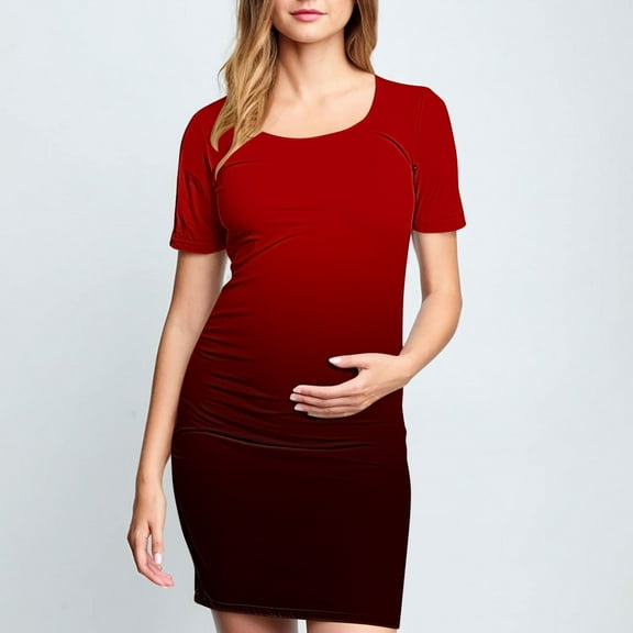 Frwgonr Maternity Dress PhotoRed Short Sleeve Maternity Dress Ruched Pregnancy Clothes S-XL