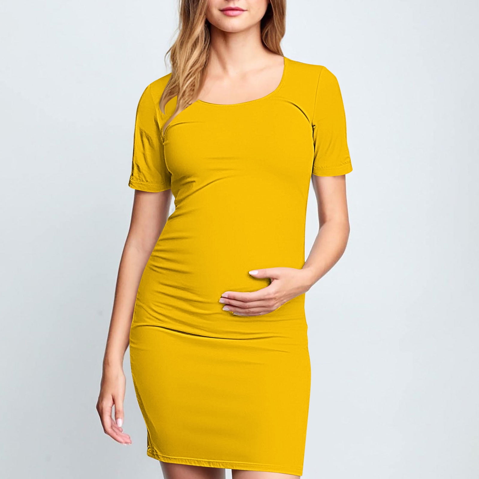 Frwgonr Maternity Dress Summer Yellow Crew Neck Bodycon Dress Short — free download