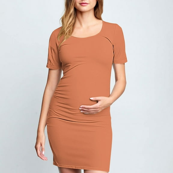 Frwgonr Maternity Sundress Orange Bodycon Ruched Side Dress Casual Short Sleeve Dress for Daily Wearing Or Baby Shower S-XL