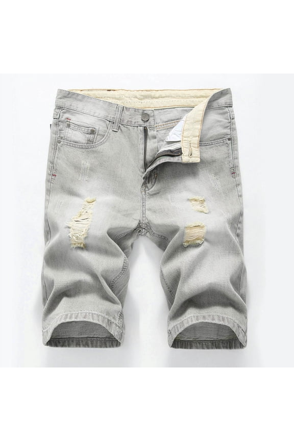 Men's Denim Shorts Distressed Ripped Stretch Elastic Waist Relaxed Fit Summer Beach Lightweight Casual Jeans