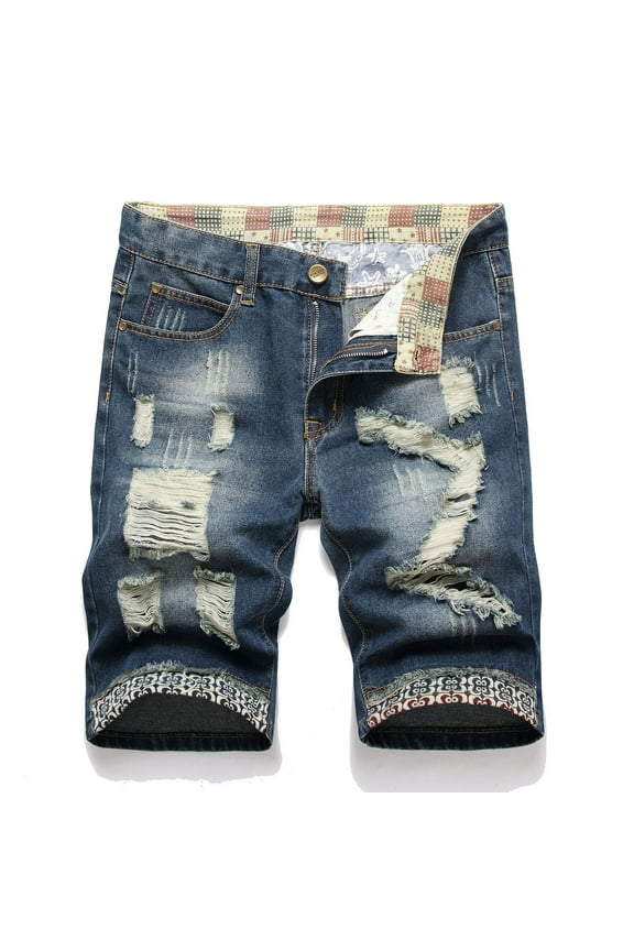 Men's Ripped Denim Jean Shorts with Zip Pockets Elastic Stretch Outdoor Casual Summer Bottoms