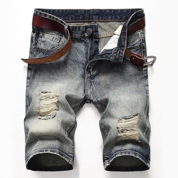 Frwgonr Mens Denim Shorts Stretch Casual Distressed Ripped Hole Summer Beach Fashion Jeans