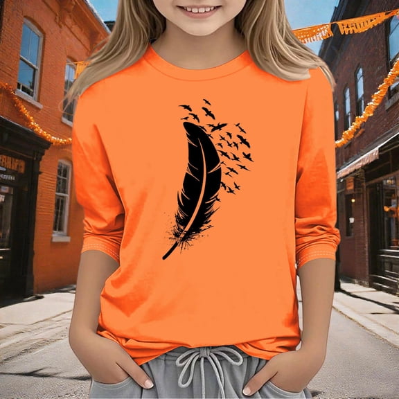 Frwgonr School Shirts for Girls Orange Kids Summer Fall Crewneck Tops Cute Tees Blouse Size 3T-14