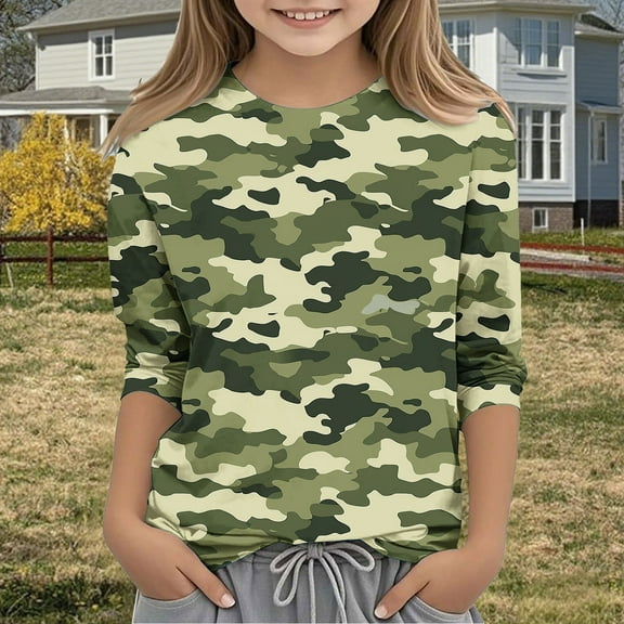 Frwgonr Shirt for Girls Camouflage Kids Summer Fall Crewneck Loose Casual Tops Tees Size 3T-12