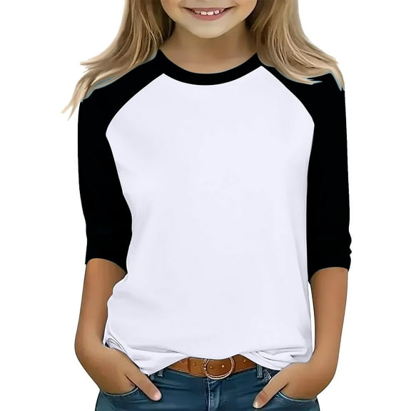 Frnrwgo Shirt for Girls Size 3T-14 Crewneck Raglan 3/4 Sleeve Shirts Clothes Cute Pullovers Tops Black