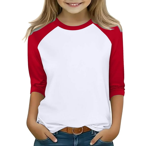 Frwgonr Shirt for Girls Size 3T-14 Crewneck Raglan 3/4 Sleeve Shirts Clothes Cute Pullovers Tops Red
