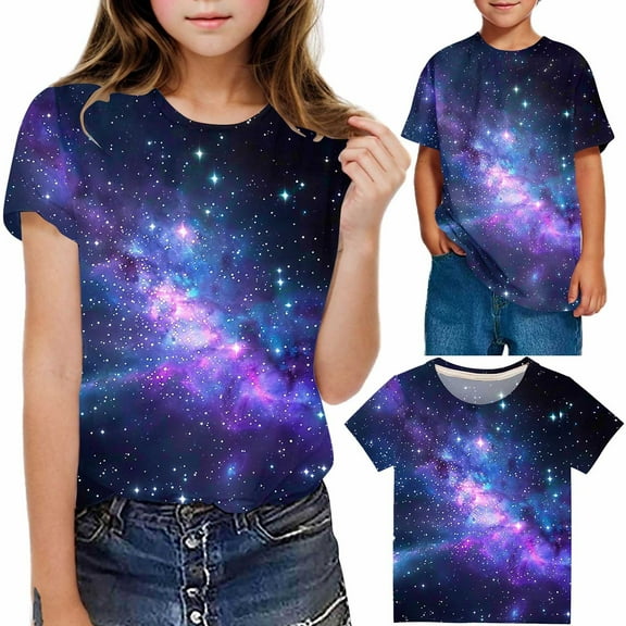 Frwgonr Shirts for Girls Soft Space Tees Kids Boys Casual Tshirts Clothes Summer Tops Purple, Size 3-14 Years
