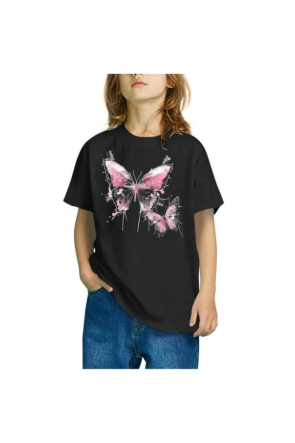 Short Sleeve Uniform Shirts for Boys Girls Black Cute Printed Tshirt Kids Holiday Vacation Trip Tee Tops 3-10 Years