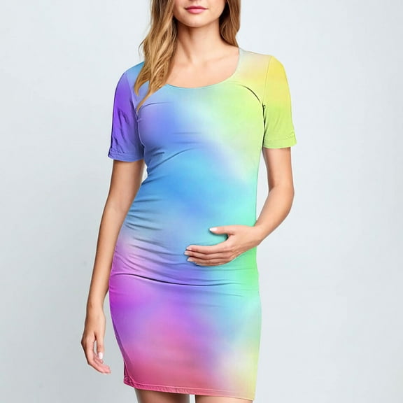 Frwgonr Summer Maternity Dresses Multicolor Bodycon Ruched Side Dress Casual Short Sleeve Dress for Daily Wearing Or Baby Shower S-XL