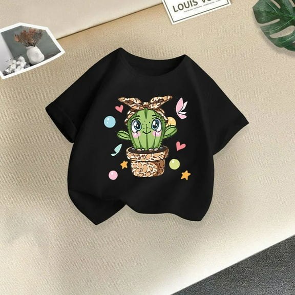 Frwgonr T Shirts for Boys Girls Black Cute Graphic T-Shirt Soft Casual Tops for Kids 2T-13