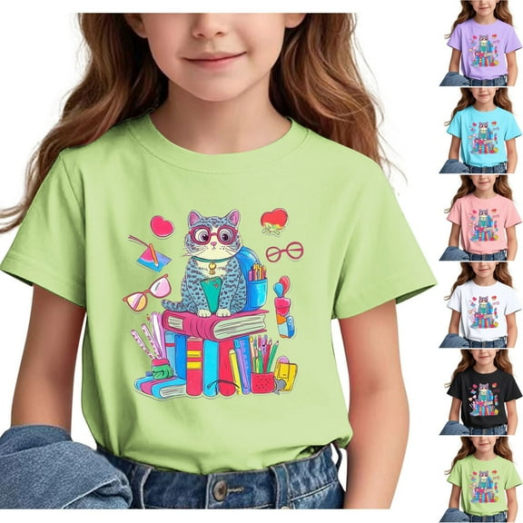 Frwgonr Toddler Girl T-Shirts Short Sleeve Girls Casual Shirts Graphic Tops Back of School Clothes Sky Blue, Size 3-15 Years