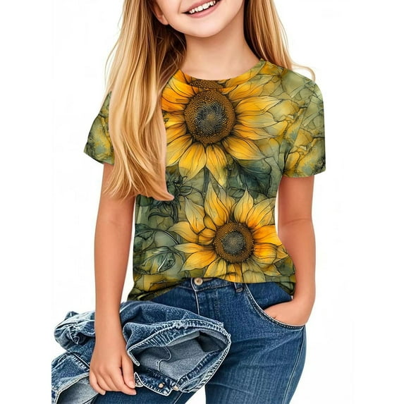 Frnrwgo Toddler Girl T-Shirts Short Sleeve Girls Shirts Graphic Tops Going Out Clothes Yellow, Size 3-12 Years