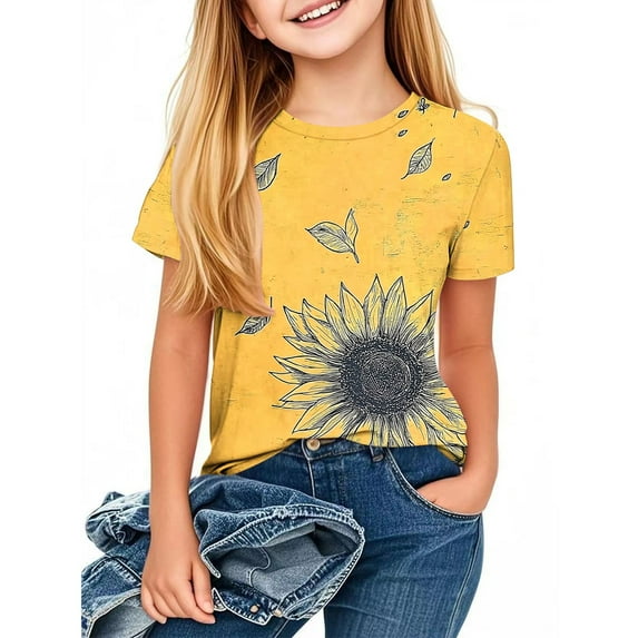 Frwgonr Toddler Girl T-Shirts Short Sleeve Girls Shirts Graphic Tops Going Out Clothes Yellow, Size 3-12 Years