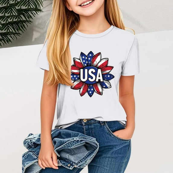 Frnrwgo Toddler Girls 4th of July T-shirts Boys American Flag Shirt Patriotic Top Short Sleeve Tees 2T-13, White