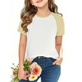 thumbnail image 1 of Frwgonr Toddler Girls Short Sleeve T-shirts Casual Raglan Short Sleeve Crewneck Color Block Summer Tees 3-14 Years, Beige, 1 of 5