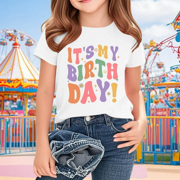 Frwgonr Toddler Girls T-shirts Short Sleeves Blouse Crewneck Birthday Graphic Summer Kids Tee Tops 2-15 Years, White