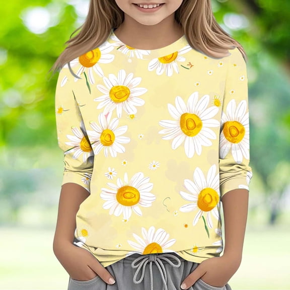Frwgonr Undershirts for Girls Yellow Kids Crewneck Tops Casual Fashion Tees Size 3T-12