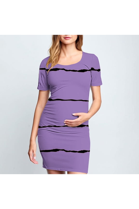 Womens Maternity Dress Purple Bodycon Ruched Side Dress Casual Short Sleeve Dress for Daily Wearing Or Baby Shower S-XL