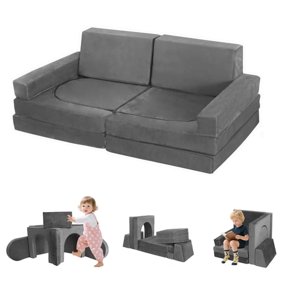 Frxeyaliz 10-Piece Modular Kids Play Couch, Convertible Play Foam Sofa for Toddlers, Dark Gray