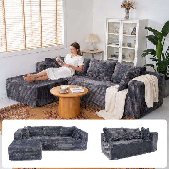 Frxeyaliz 100" Corduroy Modular Sectional Sofa, Boneless L-Shape Couch with Deep Seats, No Assembly Required for Living Room, Gray
