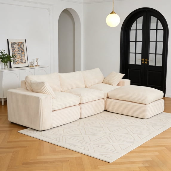 Frxeyaliz 108" Modular Sectional Sofa, 3 Seater L-Shaped Cloud Couch with Ottoman, Deep Seat Boneless Convertible Sofa Set for Living Room