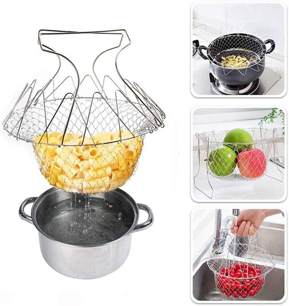 Fry Basket Folding Stainless Steel -GIXUSIL Silver Multifunction Steam ...