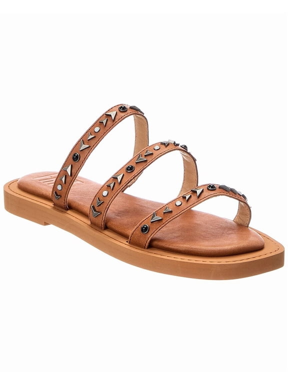 Faye Studded Slide Leather Sandal, 7.5, Tan