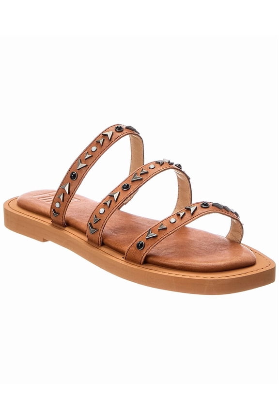 Faye Studded Slide Leather Sandal, 7.5, Tan