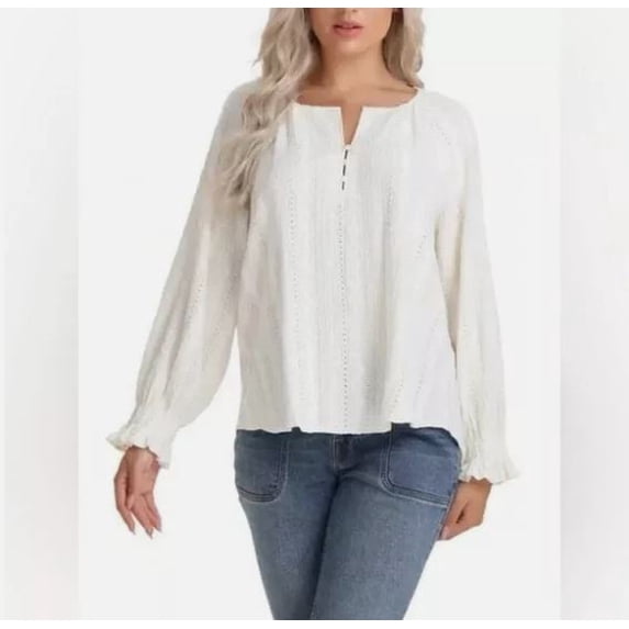 Frye Women's Textured Long Sleeve Peasant Blouse, Salt Breeze Large
