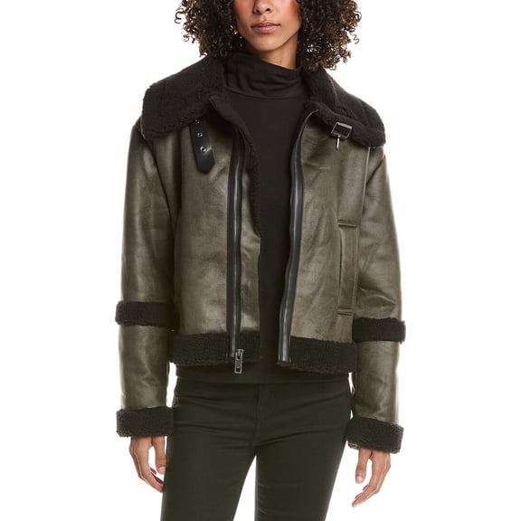 Frye womens Faux Shearling Aviator Jacket, l, Green