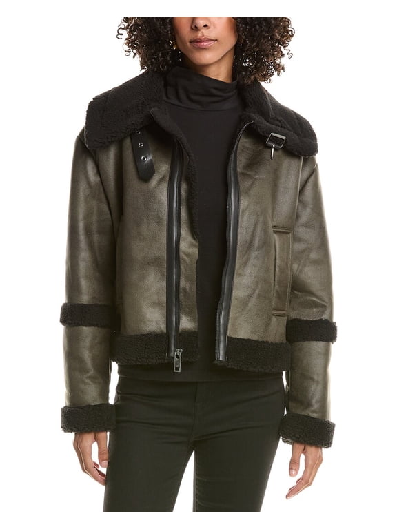 womens Faux Shearling Aviator Jacket, l, Green