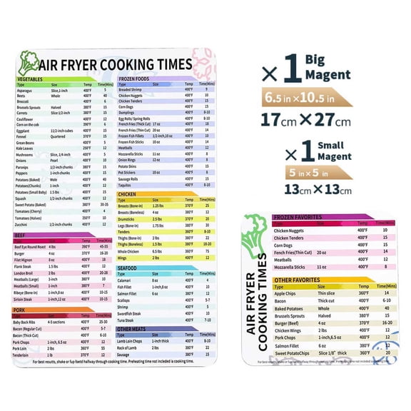 Fryer Magnetic Cheat Sheet Set, Cooking Time and Temperature Reference Magnets for Air Fryer Kitchen Accessories (2 Pack)