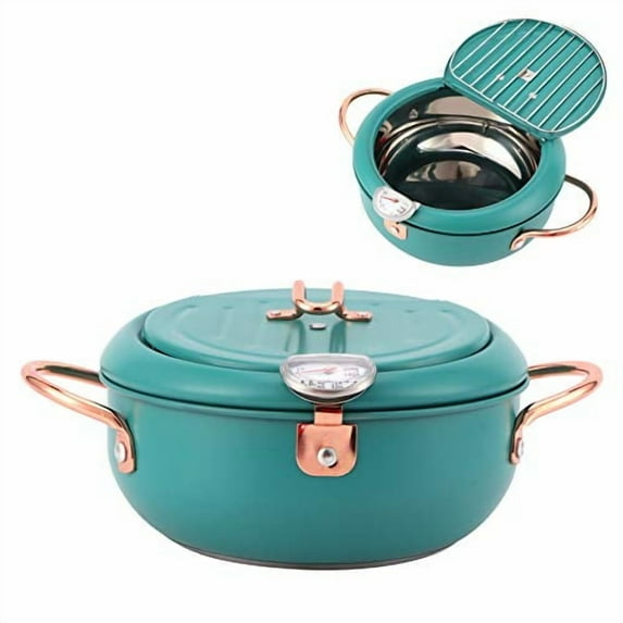 Fryer Pot, Frying Pot with Thermometer Japanese Stainless Steel Fryer Pan for Induction Cooker Deep Green