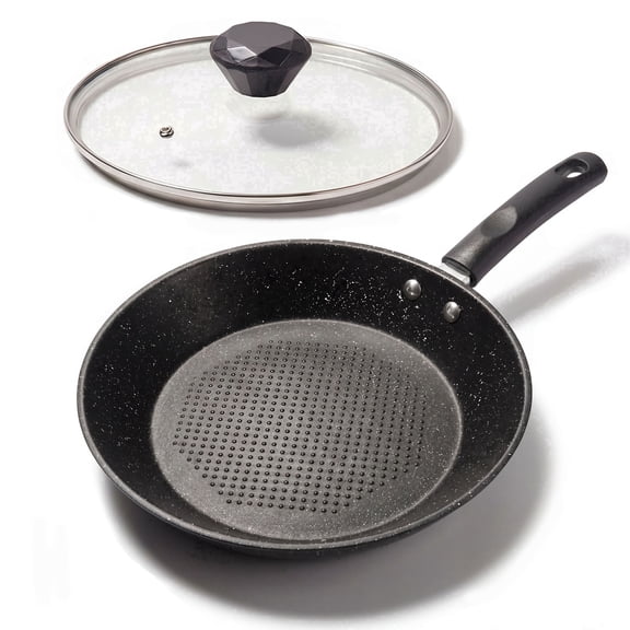 11-Inch Nonstick Frying Pan, Black Skillet with Glass Lid for Steaks Egg and Omelet, Works on Gas, Electric, Ceramic and Induction Cooktops