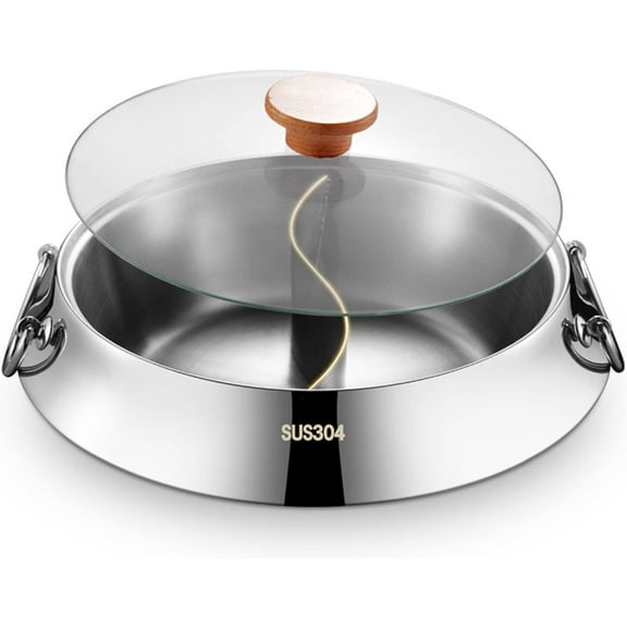 Frying Pan Stainless Steel Shabu Shabu Pot With Divider And Lid Dual Sided Hot Pot Divided Hotpot Soup Pot Cookware For Induction Cooktop Gas Stove,30cm