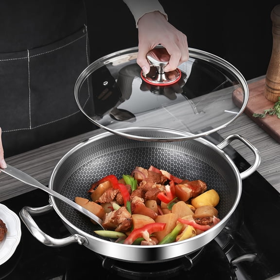Pans Nonstick Paella Pan with Lid 14 Inch Stainless Steel Deep Skillet Large Frying Pan Big Pan for Cooking, Suitable for All Cooktops Including Induction (13.98 Inch)