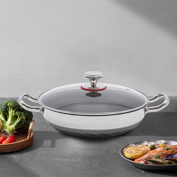 Frying Pans Nonstick Paella Pan with Lid, Stainless Steel Deep Skillet Large Frying Pan for Cooking (12.59in)